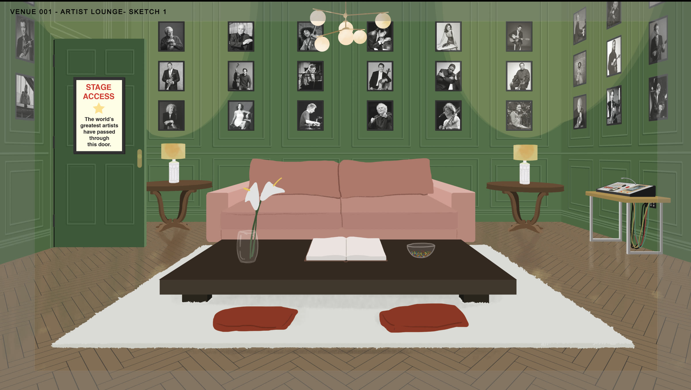 An illustrated green-walled artists' lounge with a pink sofa, framed photos of musicians, and a door marked Stage Access