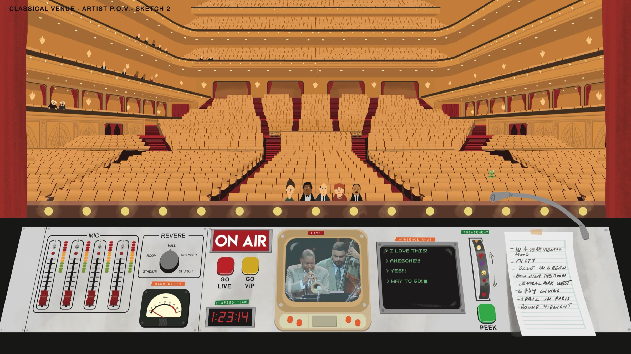 An illustrated view from the stage into an empty gold concert hall, above an on-air console with mic levels, a reverb dial, Go Live and Go VIP buttons, a monitor, an audience chat, and a taped setlist