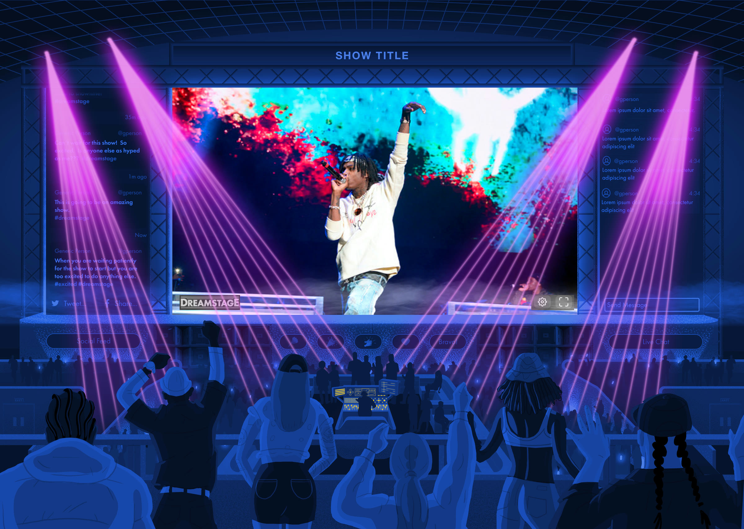 An illustrated club venue in blue and purple: a big screen showing a rapper performing, laser lights, chat panels on either side, and a crowd with raised hands in the foreground