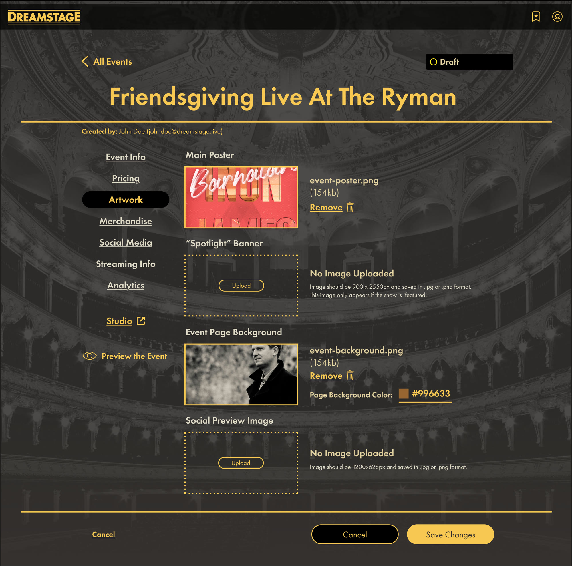 Conductor's artwork step for a show: uploads for the main poster, a spotlight banner, the event page background with a page color, and a social preview image