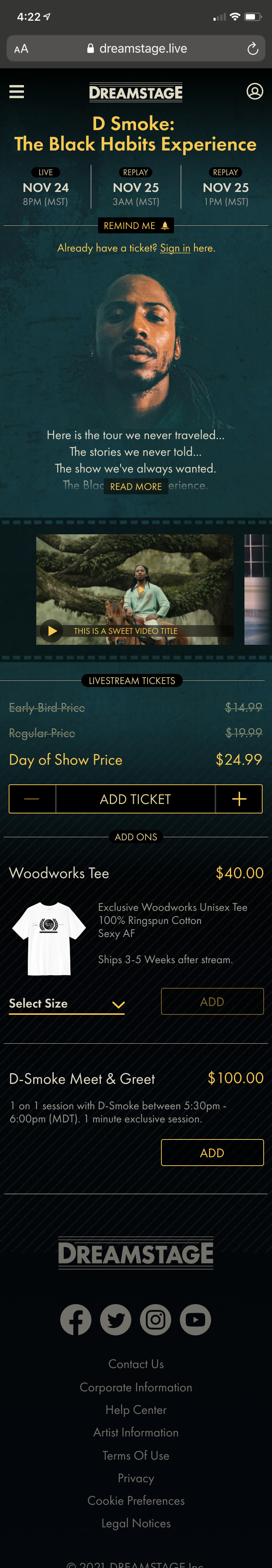 The first version's phone show page for D Smoke: dates for the live show and replays, a video, ticket tiers, and add-ons