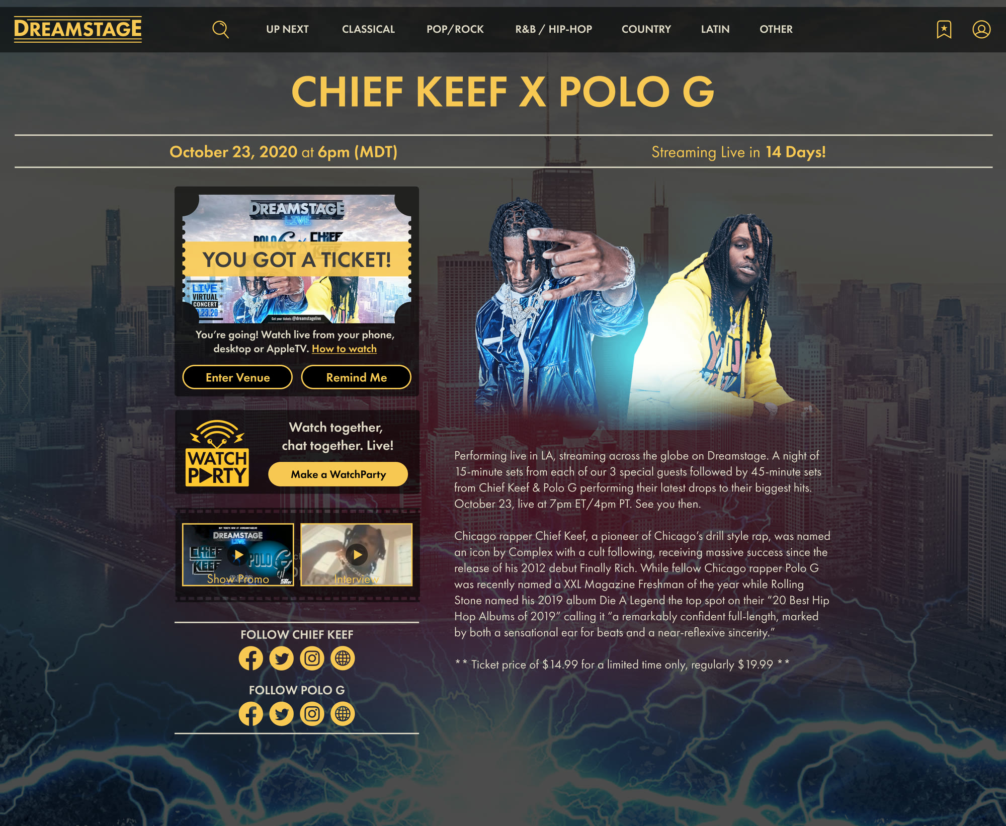 The event page for Chief Keef x Polo G on October 23, 2020: a ticket reading You Got a Ticket, buttons to enter the venue or set a reminder, a watch party invitation, video clips, and the artists over a Chicago skyline