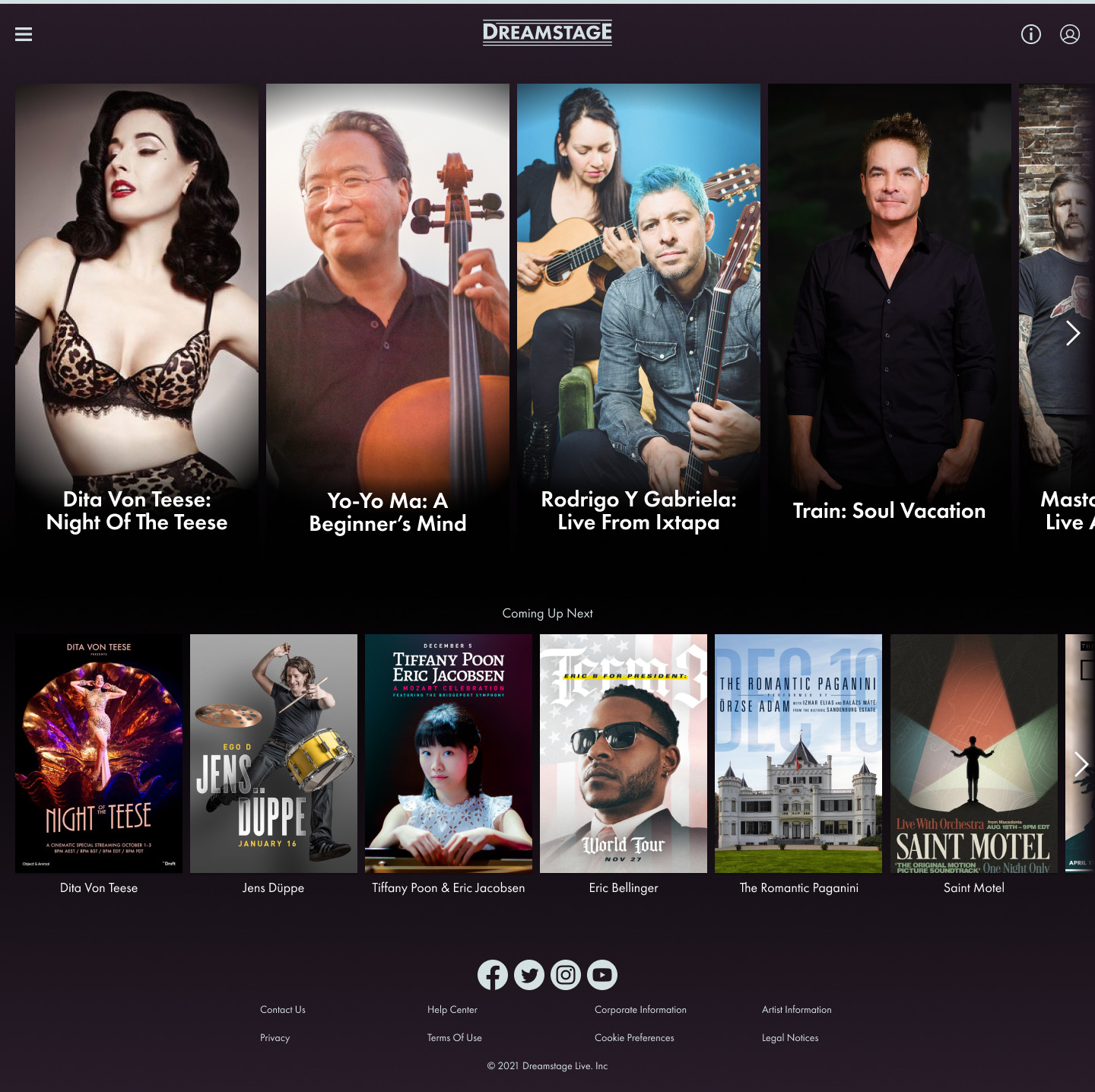 The final home page: large portraits of Dita Von Teese, Yo-Yo Ma, Rodrigo y Gabriela, and Train, each with the show's name, above a row of upcoming show posters