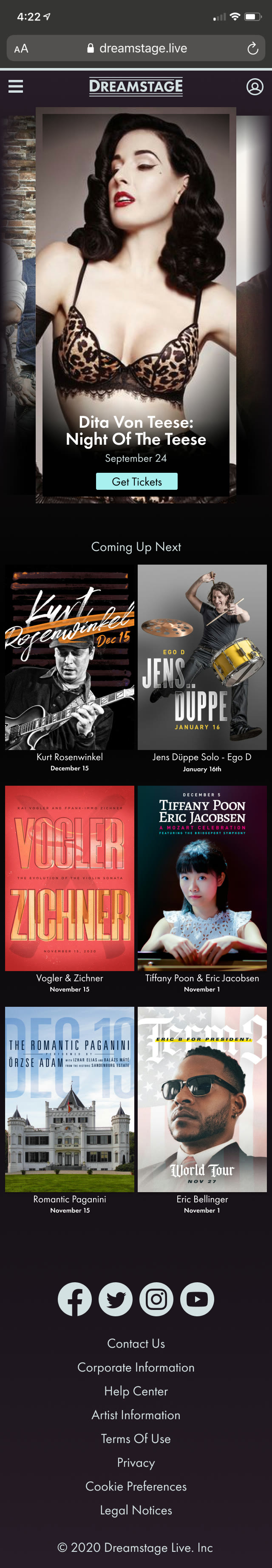 The final phone home page: a large photo of Dita Von Teese with a Get Tickets button, then a grid of upcoming show posters