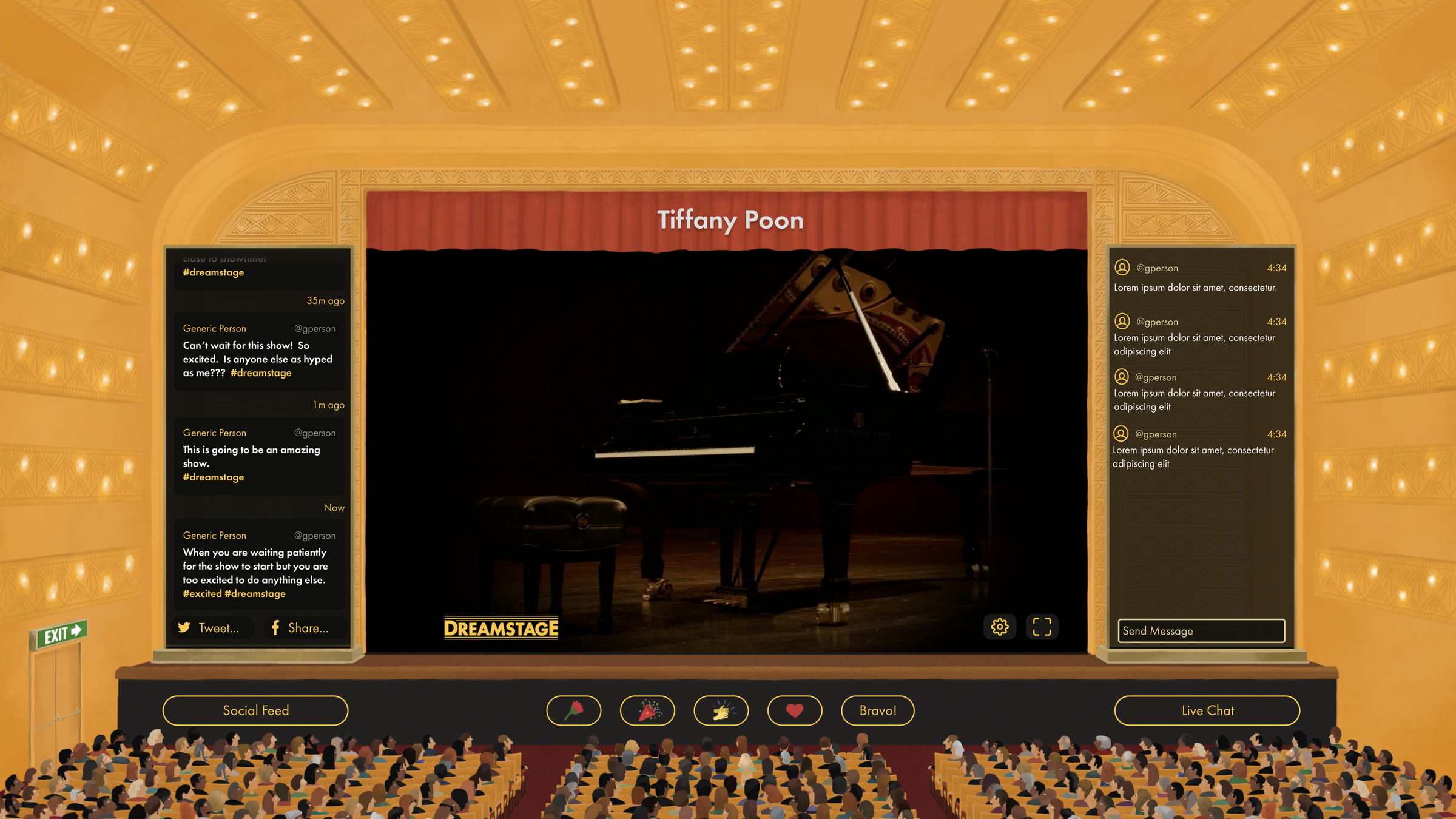 The same hall with the curtain open on a live stream of a grand piano, titled Tiffany Poon