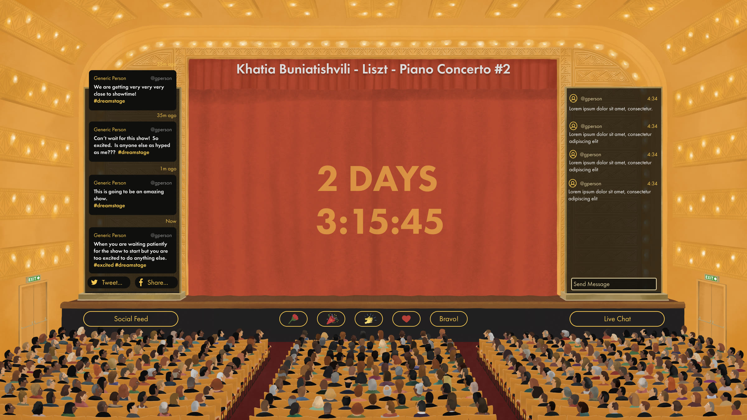 An illustrated gilded concert hall full of people, with a countdown of 2 days on the red curtain, a social feed and live chat on either side, and reaction buttons along the stage