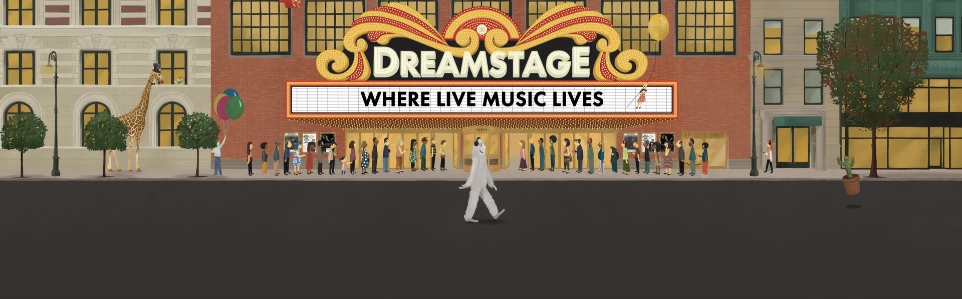 Max Dalton's illustration of the Dreamstage theater at night: a brick building with a lit marquee reading Where Live Music Lives, a line of people at the doors, a giraffe and a yeti on the street