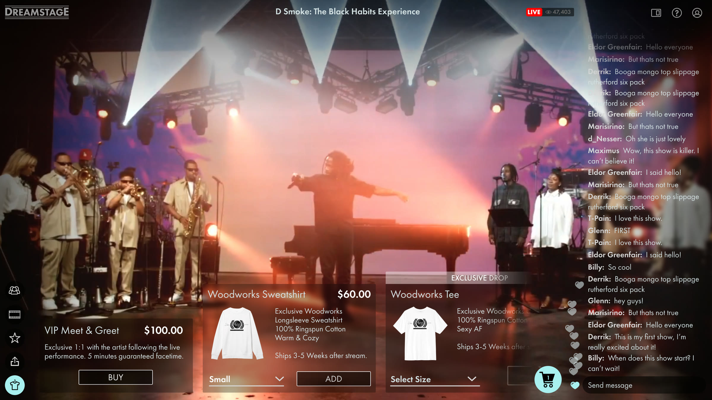 Megastage during the show: the live stream full screen with a viewer count, a chat, and cards for a VIP meet and greet and an exclusive merch drop