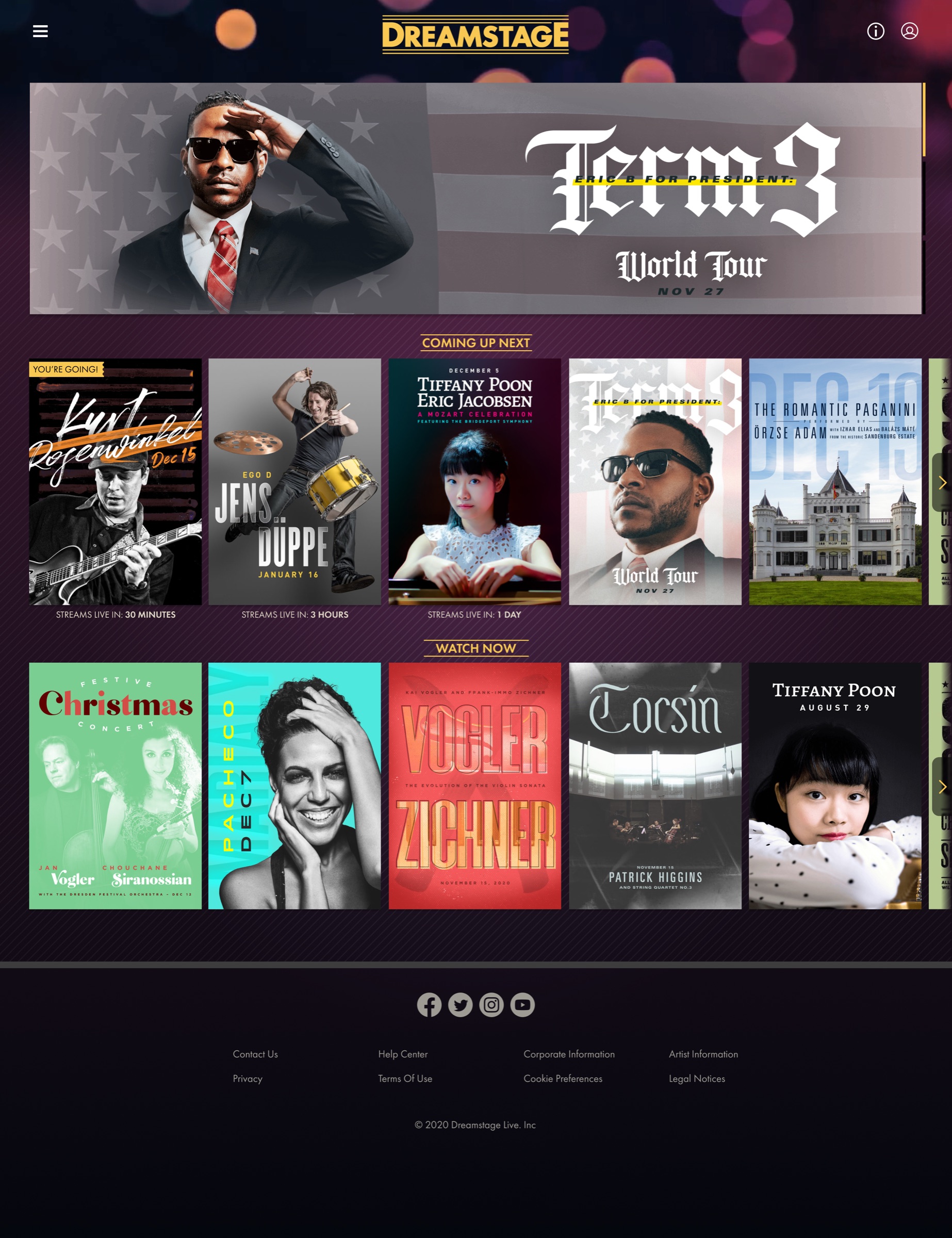 The redesigned home page: a dark background with soft lights, a featured banner for Eric Bellinger, and rows of show posters under Coming Up Next and Watch Now