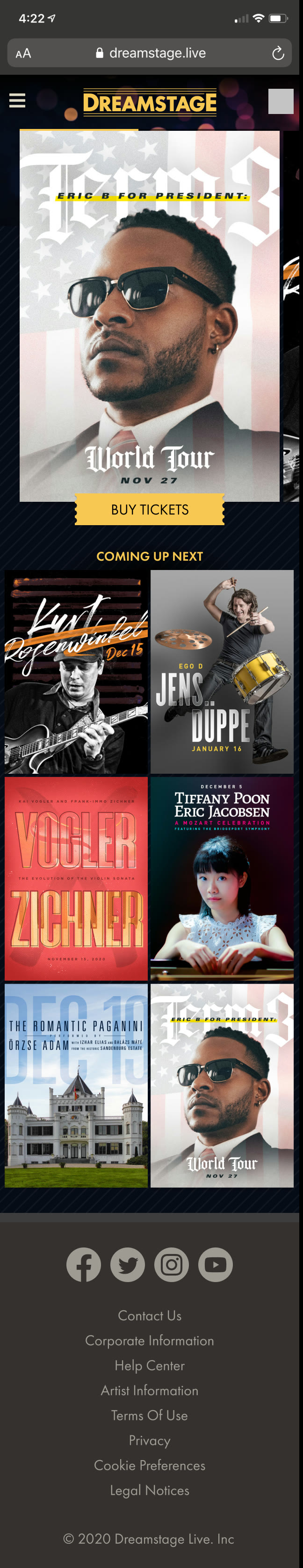 The redesigned phone home page: a featured show with a Buy Tickets button, then a grid of show posters