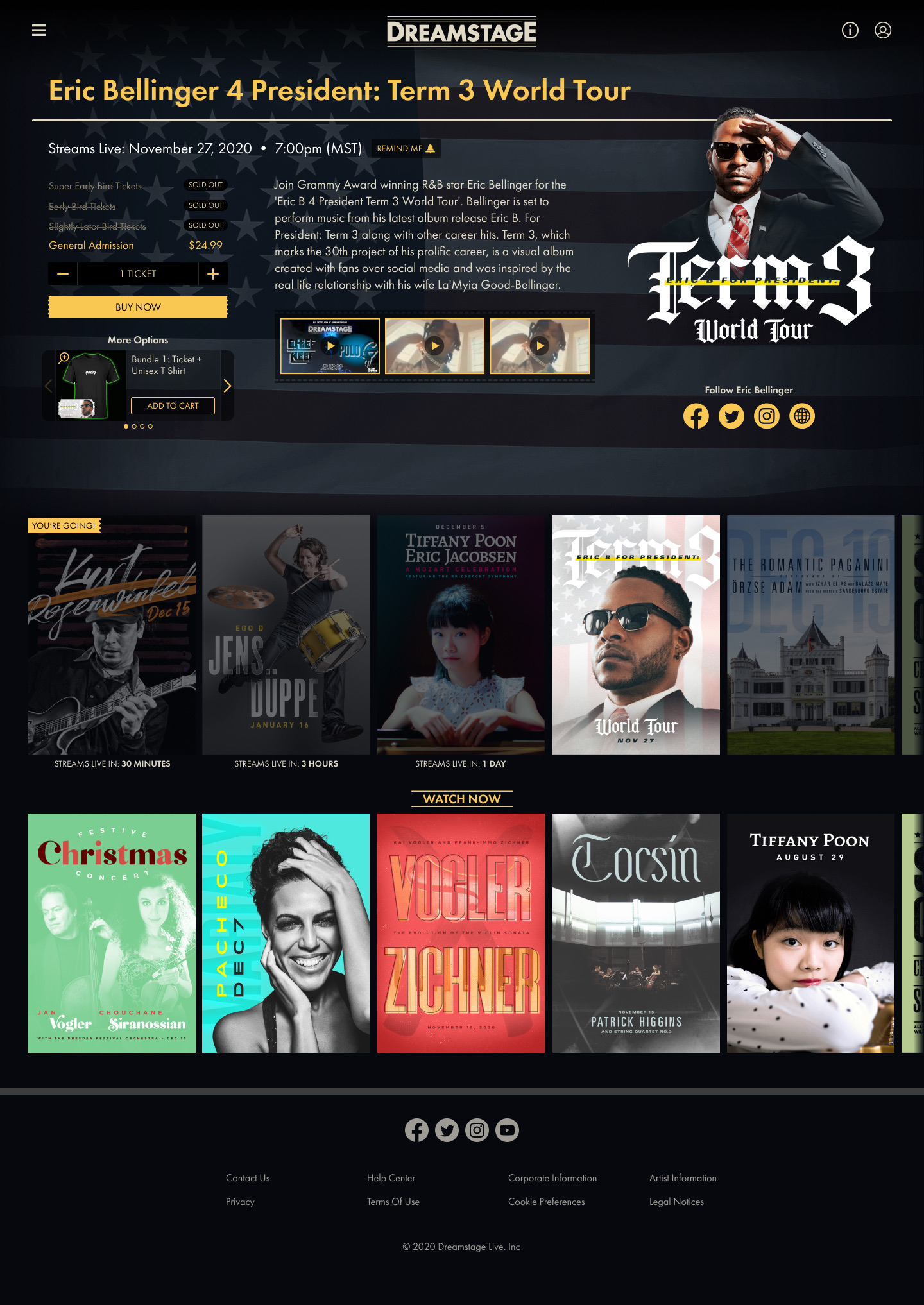 An alternate show page concept: Eric Bellinger's show details, ticket tiers, and a merch bundle open above the rows of posters