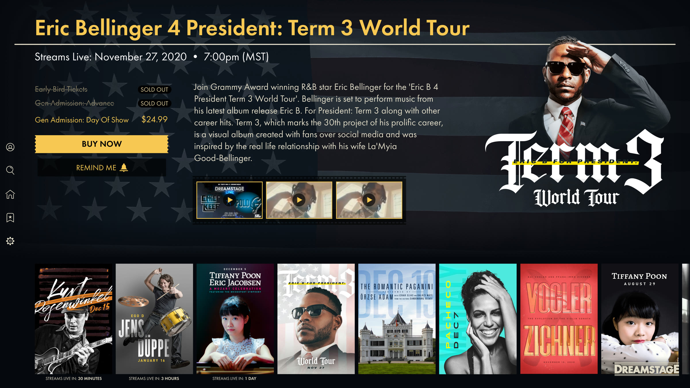 The Apple TV show page for Eric Bellinger: date and time, sold-out early ticket tiers, a Buy Now button, a description, video clips, and a row of other shows' posters