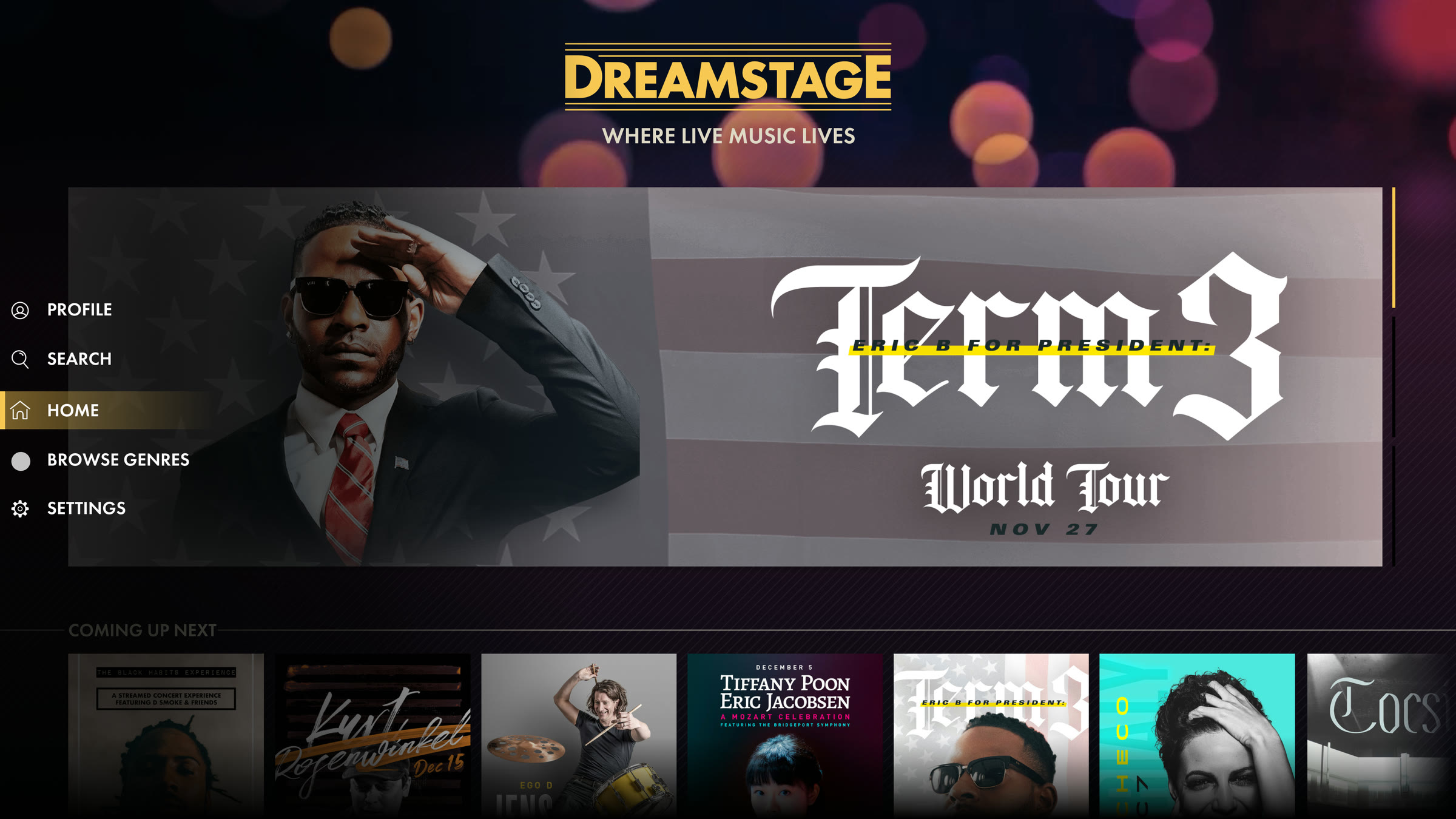 The Apple TV home screen: a featured show banner for Eric Bellinger's Term 3 World Tour, a side menu, and a row of upcoming show posters