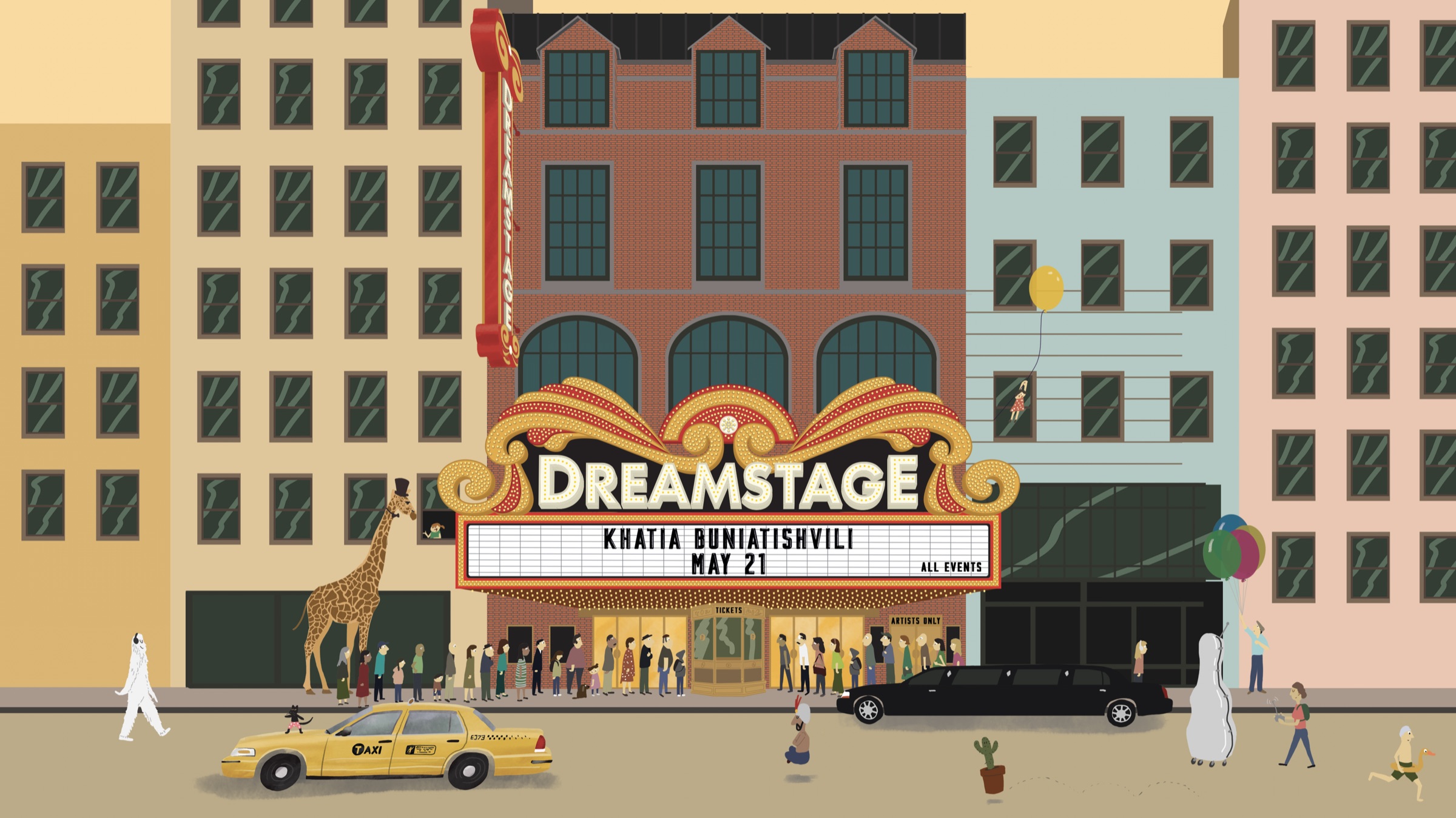 The Dreamstage theater by day: a marquee reading Khatia Buniatishvili, May 21, a line of people at the doors, a giraffe in a top hat, a taxi, and a limousine