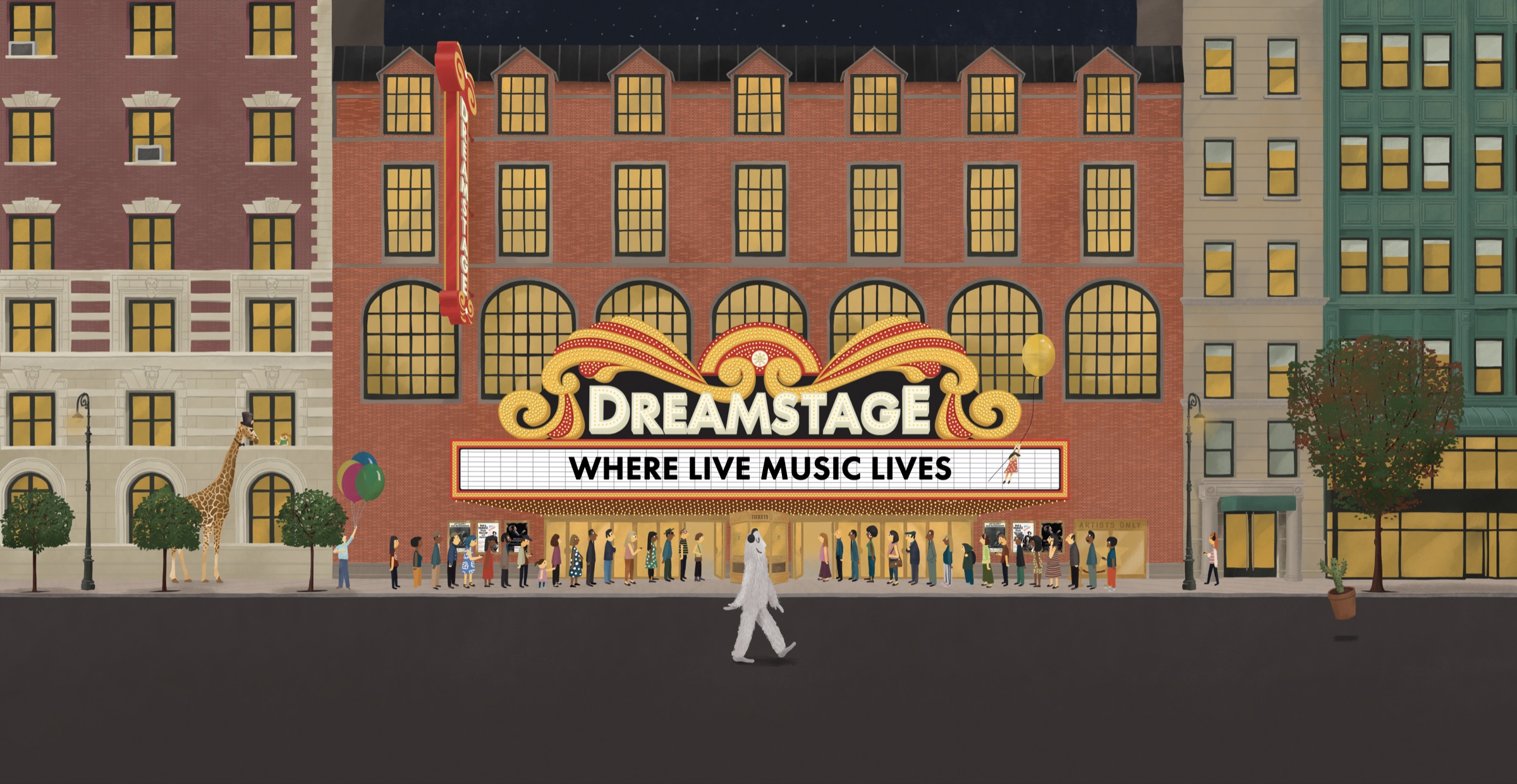 The Dreamstage theater at night, its windows lit and the marquee reading Where Live Music Lives