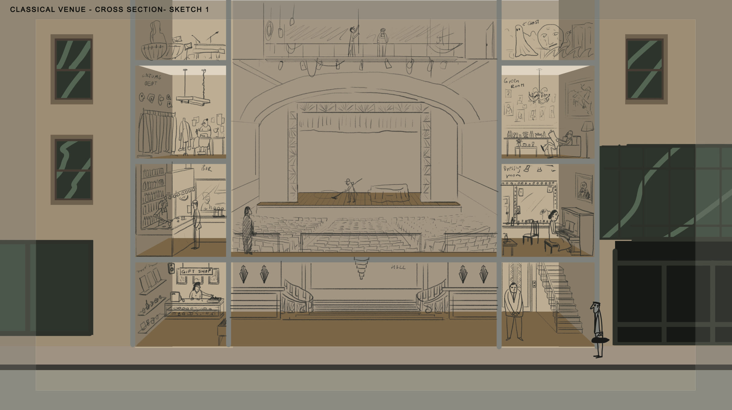 A pencil cross-section of the classical venue: a gift shop and grand staircase on the ground floor, the concert hall in the middle, and dressing rooms, a green room, and a bar stacked on either side