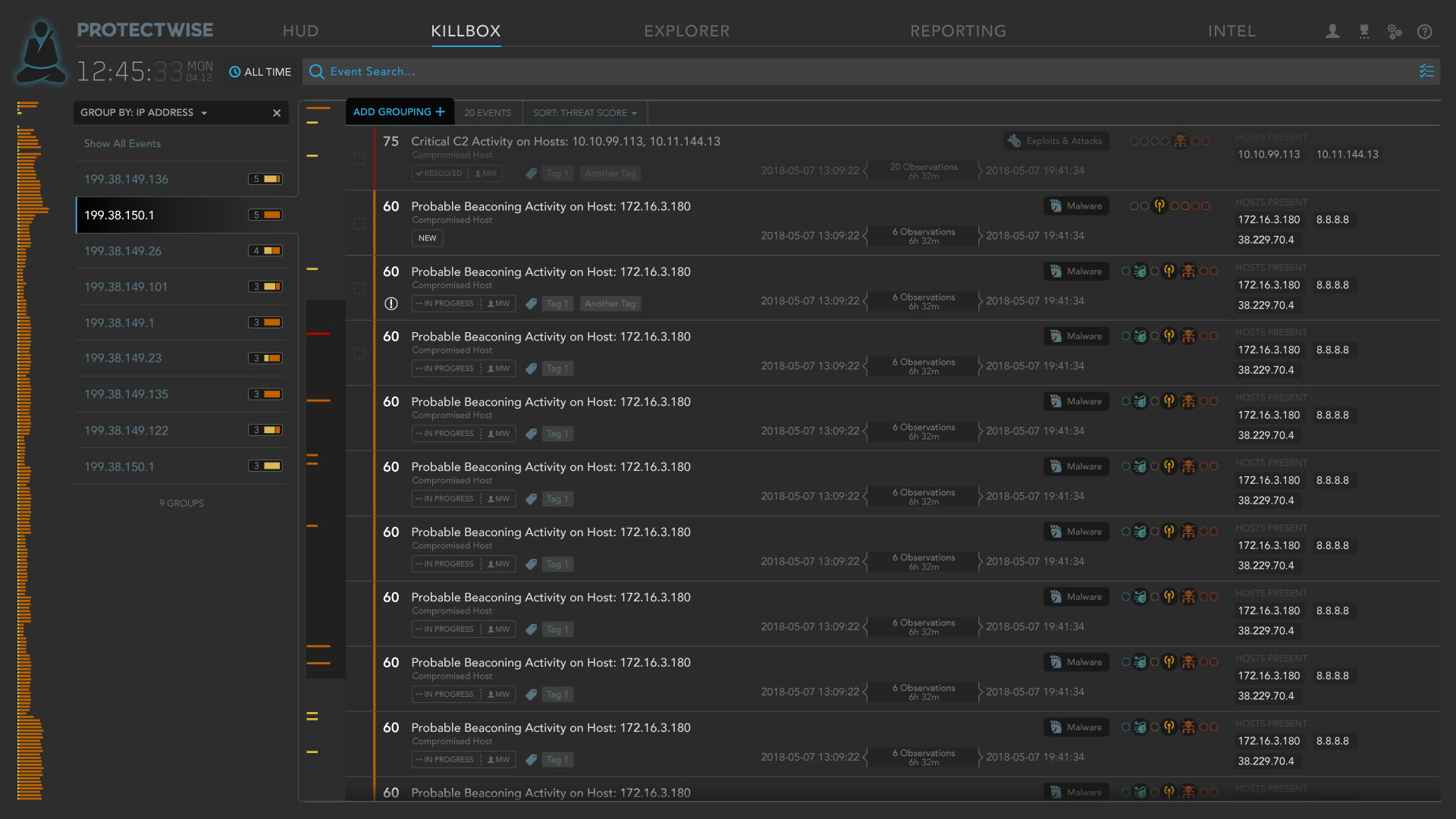 The Killbox: threat events grouped by IP address, each row with a threat score, observations, and hosts