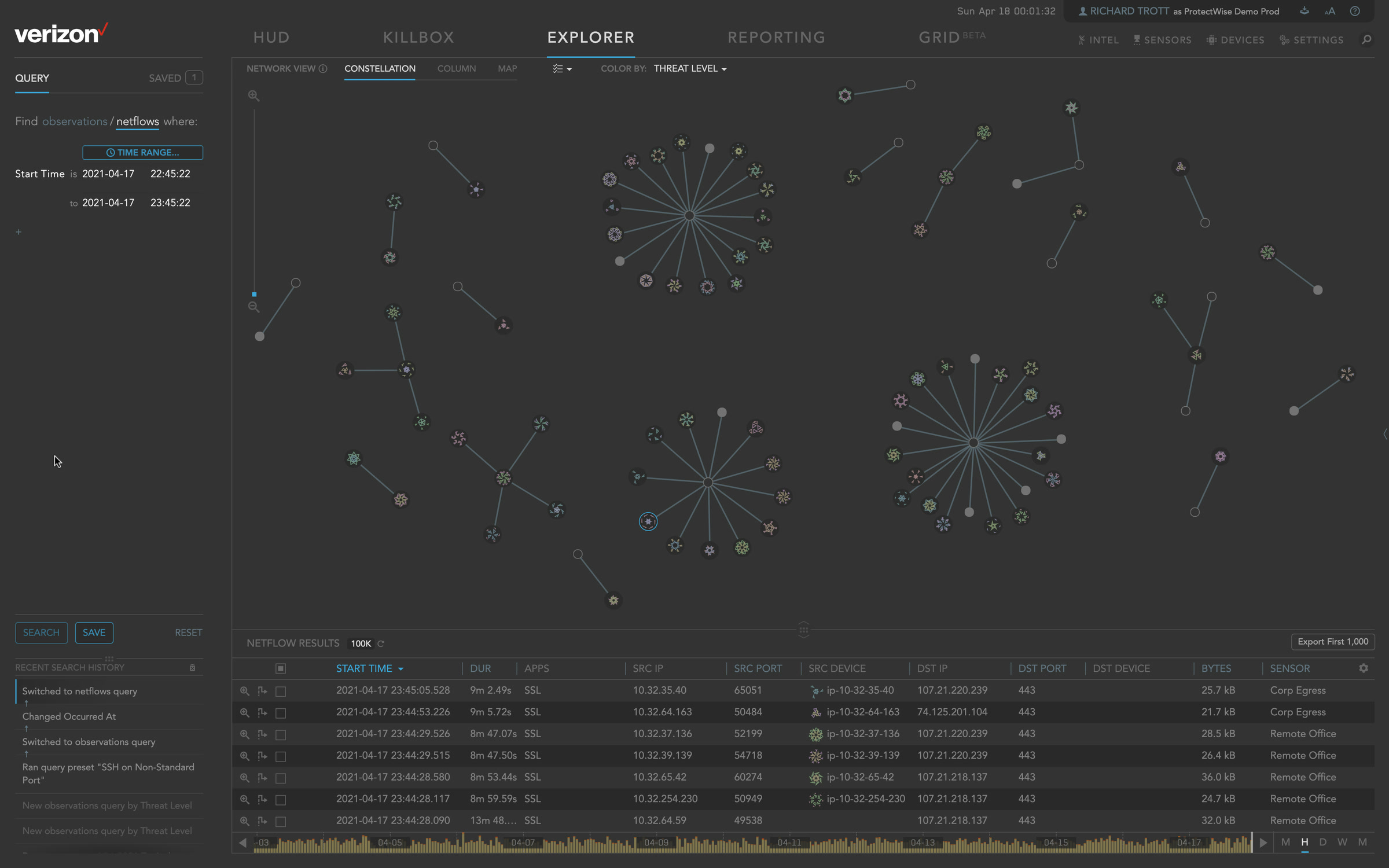 Explorer: a network graph of hosts and connections above a table of flows